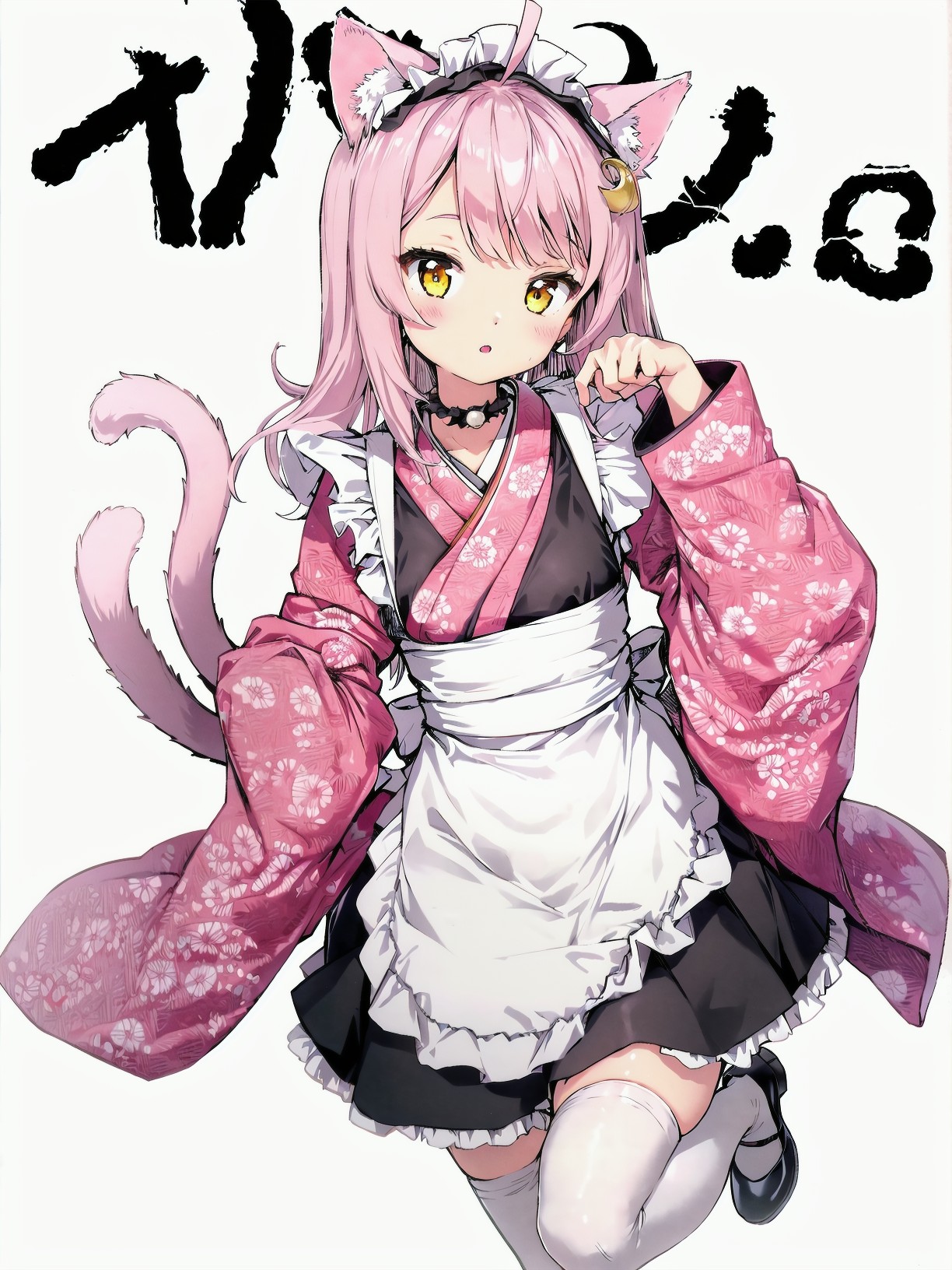 18945-3164216346-best_quality, masterpiece,__1girl, solo, animal_ears, tail, pink_hair, thighhighs, cat_tail, cat_ears, bell, frills, white_backg.jpg